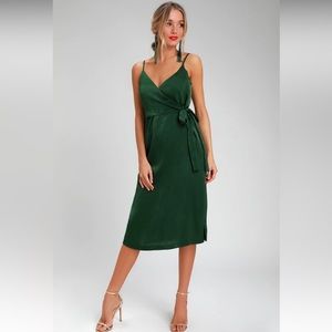 J.O.A. Forest Green Satin Midi Wrap Dress